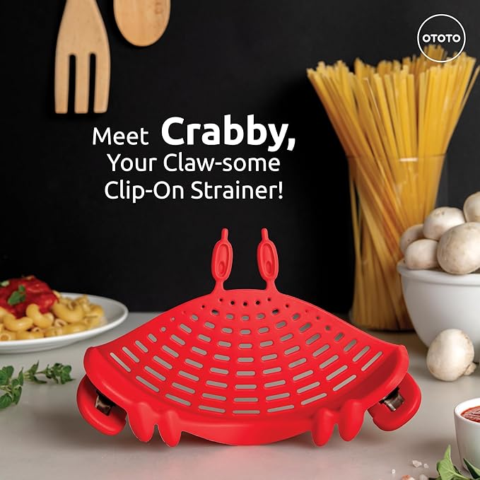 OTOTO Crabby Clip-On Strainer by - Red Crab Pasta Strainer, Noodle Strainer, Cute Kitchen Accessories, Cool Kitchen Gadgets, Food Strainer for Meat
