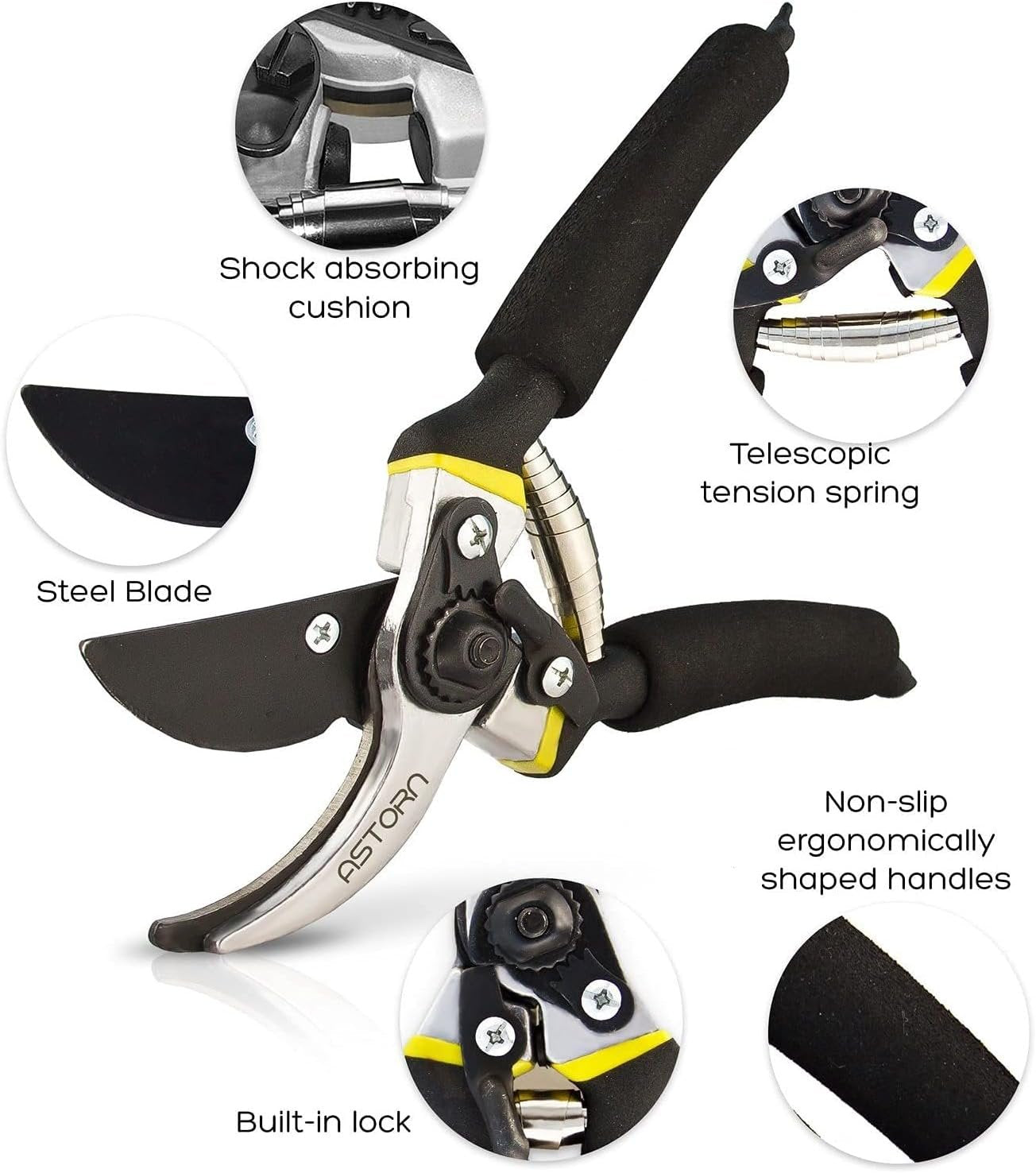 Astorn Premium Bypass Pruning Shears for Gardening - Heavy Duty, Ultra Sharp Garden Shears w/Ergonomic Soft Grip Handle - Made with High Grade Carbon Steel - Ideal for Cutting, Gardening and Trimming
