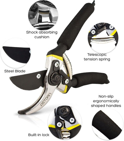 Astorn Premium Bypass Pruning Shears for Gardening - Heavy Duty, Ultra Sharp Garden Shears w/Ergonomic Soft Grip Handle - Made with High Grade Carbon Steel - Ideal for Cutting, Gardening and Trimming