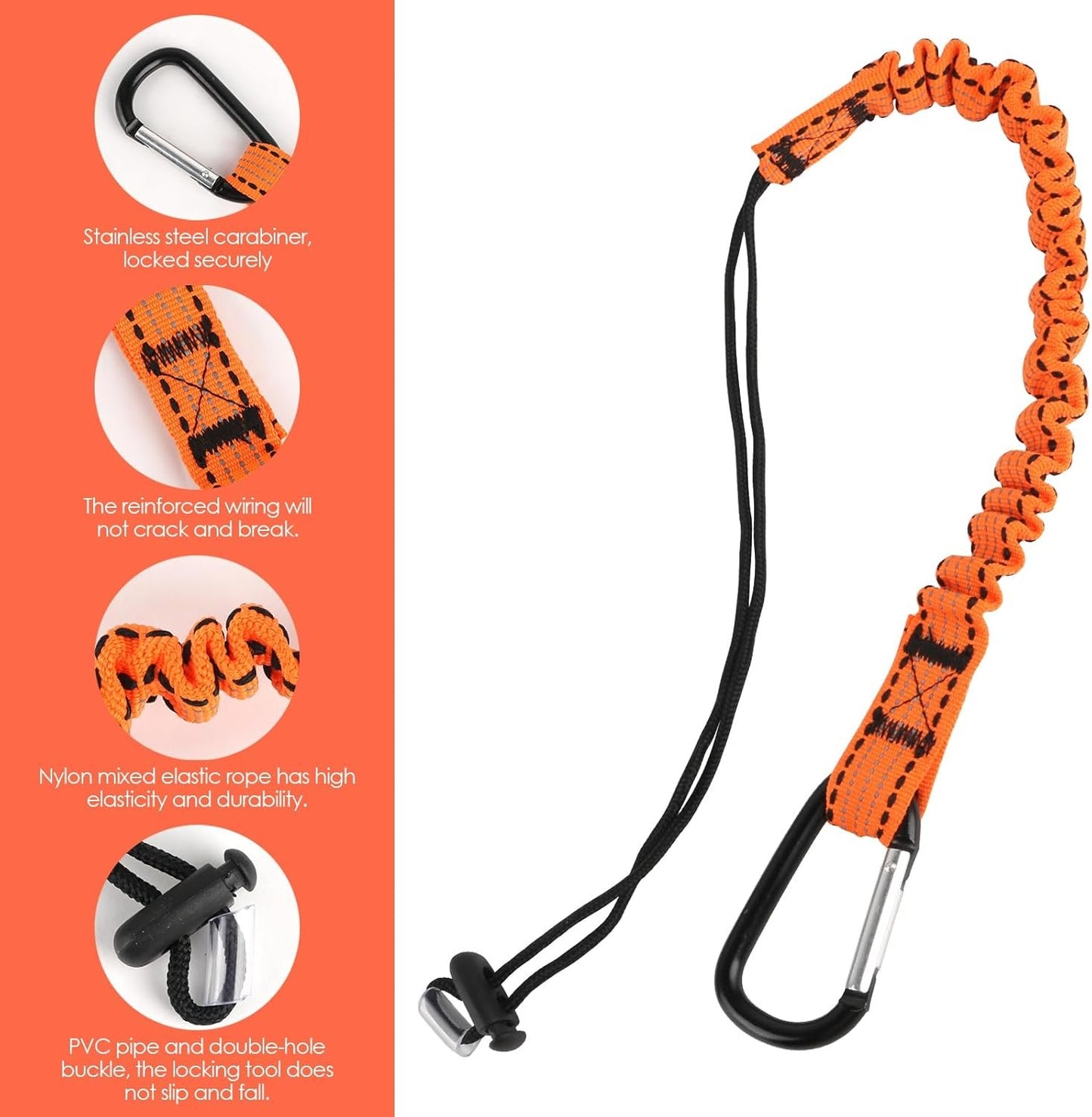 5PCS Retractable Tool Lanyards Reflective Safety Tool Leash with Aluminum Buckle Adjustable Loop End Shock Absorbing Tool Fall Protection Equipment, 23.6inch