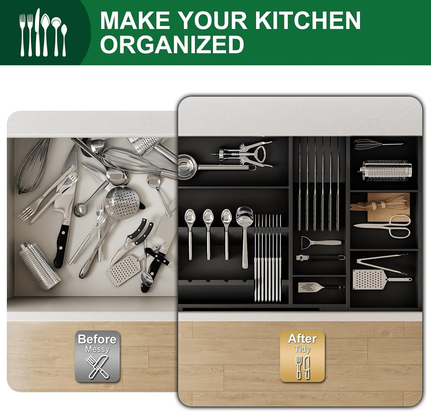 Landmok Large Bamboo Cutlery Organizer, 17.7-29.5 Inch Expandable Utensil Drawer Organizer, 8-Slot Kitchen Drawer Organizer with Removable Card Slots & Knife Block for Spoons Butter Knives, Black