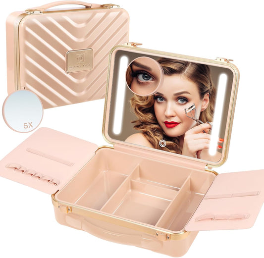 TOROKOM Travel Makeup Train Cases, Lighted Mirror Makeup Bag Cosmetic Case Organizer Adjustable Brightness Portable Makeup Storage Box For Makeup Brushes Accessories Tools, Pink