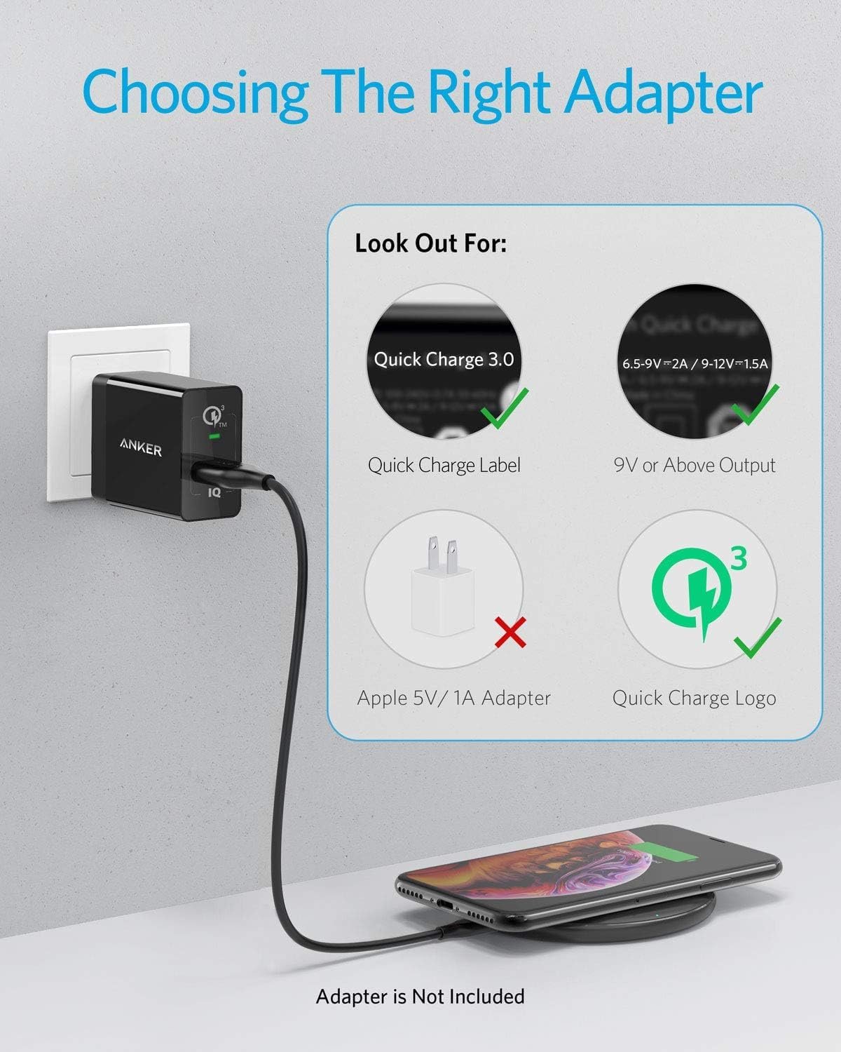 313 Anker Wireless Charger (Pad), Qi-Certified 10W Max for iPhone 14/14 Pro/14 Pro Max/13/13 Pro Max, AirPods (No AC Adapter, Not Compatible with MagSafe Magnetic Charging)