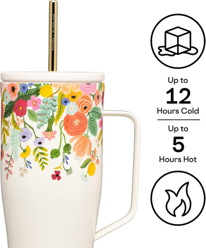 Corkcicle Rifle Paper Co. Tumbler With Straw and Handle, Reusable Water Bottle, Triple Insulated Travel Mug, BPA Free, Keeps Beverages Cold for 12 Hours & Hot for 5 Hours, Garden Party Cream, 30 oz