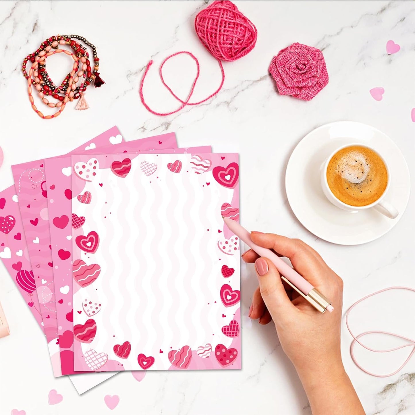 GLKTOPO 60 Sheets Valentine's Day Stationery Paper A4 Border Letterhead - Double Sided Pink Love Festival Writing Letter Paper for Notes Cards Invitation Crafts Printing Supplies - 8.5" x 11"