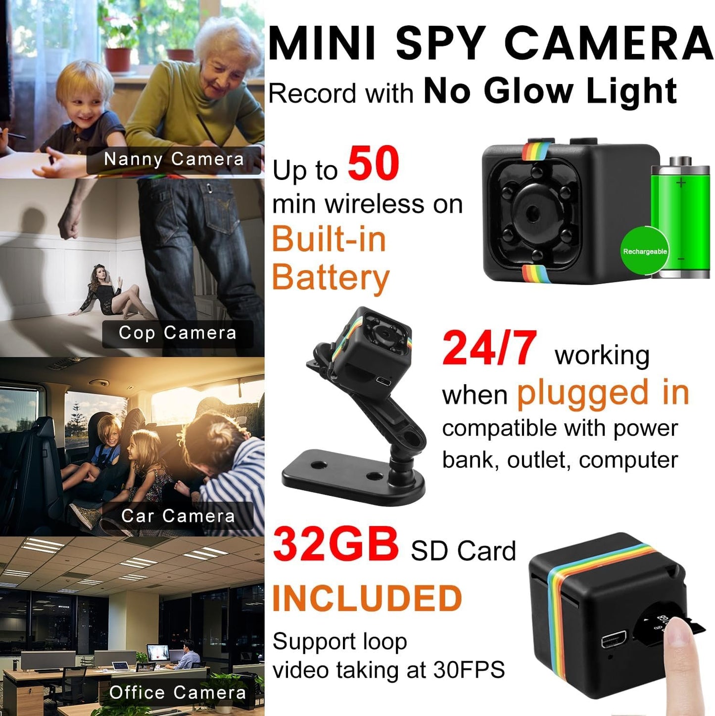 Spy Camera, UCOCARE No WiFi Security Camera, Hidden Camera with 32GB Memory Card, Mini Camera, 1080P FHD Video, 12MP Photo Shooting, Night Vision, Motion Detection, 360Â°Rotation Bracket(Black)