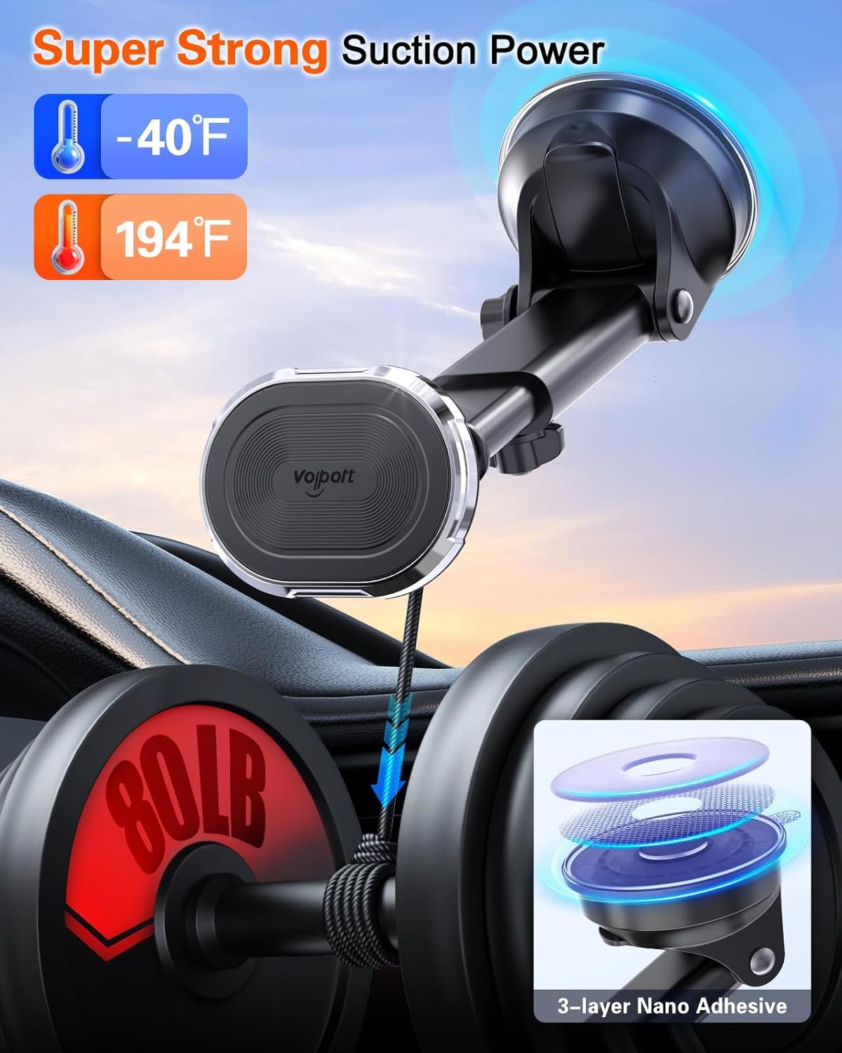 volport Magnetic Phone Holder for Car, Industrial-Strength Suction Cup Phone Mount Windshield Dashboard, Strong Magnets Adjustable Phone Mount for Phone, Requires Metal Plate (3 Included) for Use