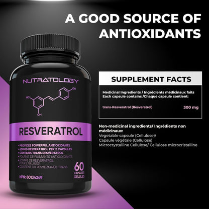 Nutratology Resveratrol Supplement - 600MG Per 2 Capsules - Antioxidant Supplement - Anti Aging Trans Resveratrol - Increases Cardiovascular Health, Cell Regeneration+Hair Growth - 60 Caps