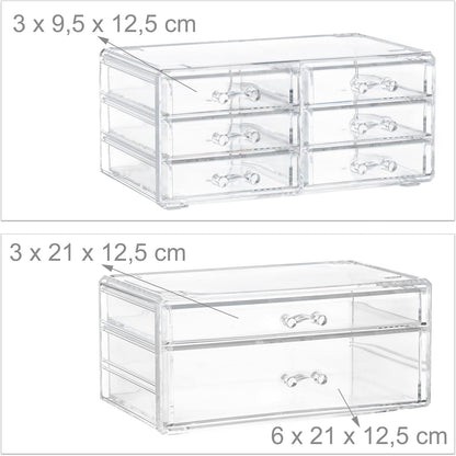 Relaxdays Make-Up Organiser with Drawers, Make-Up Holder and Accessories, Acrylic, Transparent