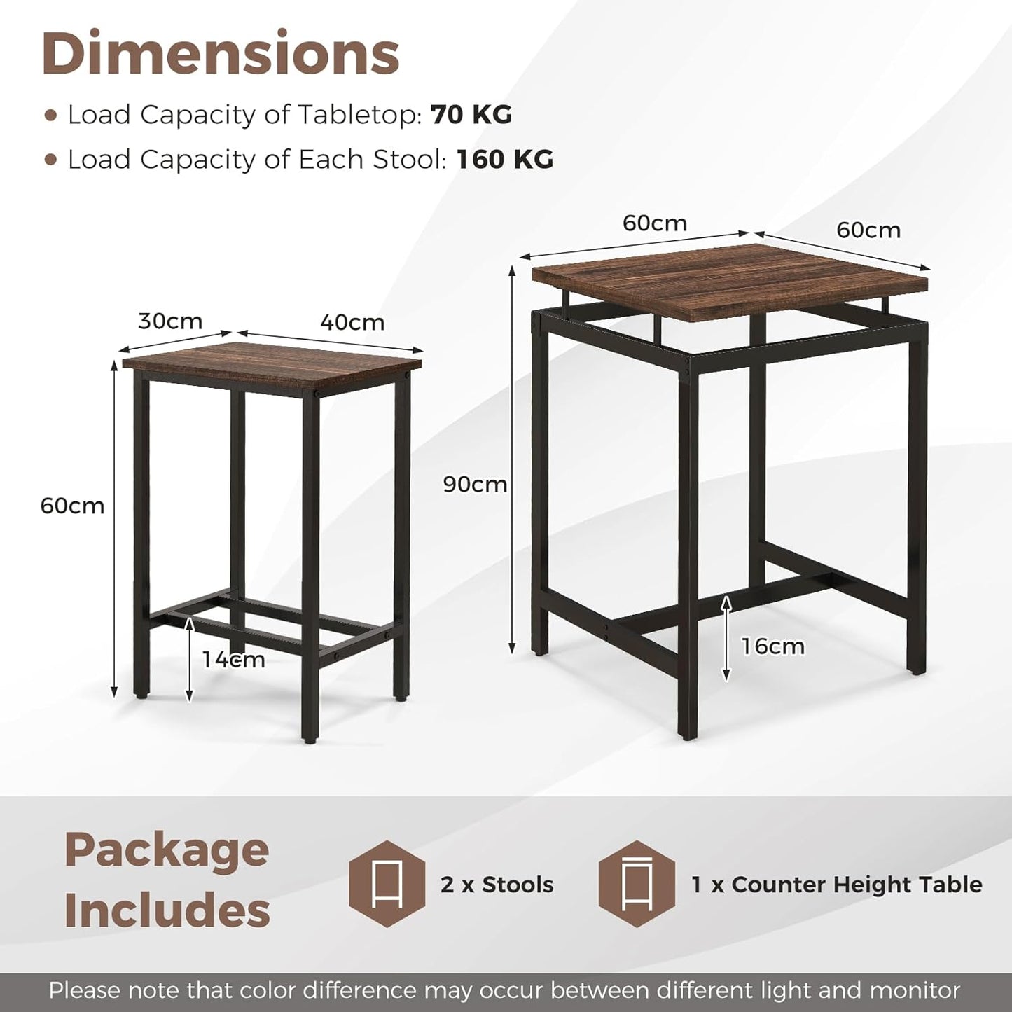 Giantex Counter Height Table with 2 Stools, Pub Dining Table Set with Floating Tabletop & Footrest, Breakfast Table Set for Small Space, Industrial Bistro Set for Apartment Kitchen, Rustic Brown