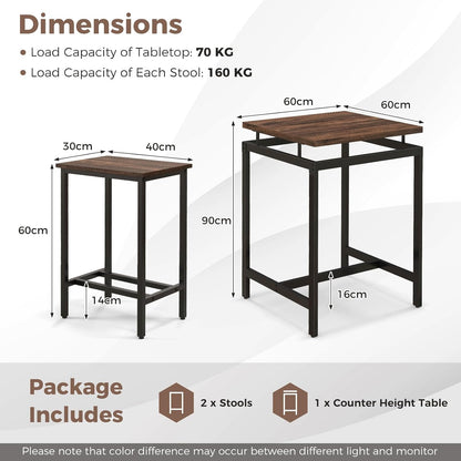 Giantex Counter Height Table with 2 Stools, Pub Dining Table Set with Floating Tabletop & Footrest, Breakfast Table Set for Small Space, Industrial Bistro Set for Apartment Kitchen, Rustic Brown