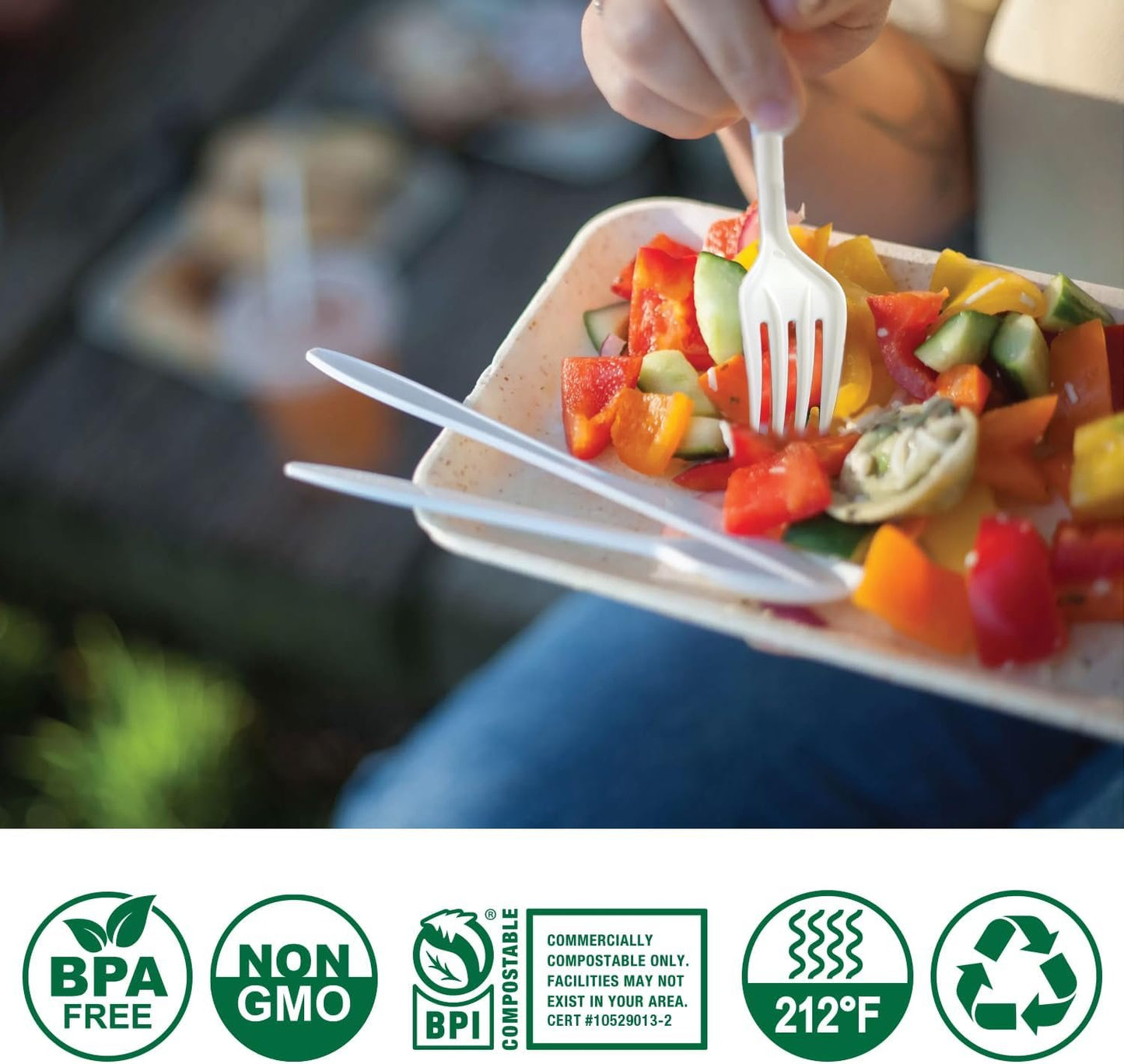 BIOCEAN 100% Compostable No Plastic Knives Plastic Forks Plastic Spoons Plastic Utensils, The Heavyweight Heavy Duty Flatware is Eco Friendly Products for Lounge Party Wedding BBQ Picnic Camping.