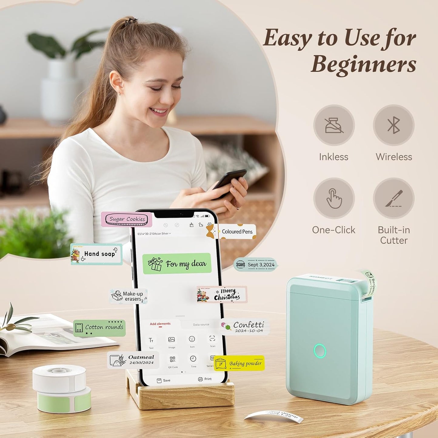 NIIMBOT D110 Label Maker Machine, Small Label Printer Bluetooth Connection Multiple Templates Available for Phone Easy to Use for Office Home Organization Rechargeable, Light Green