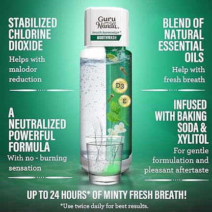 GuruNanda Dual Barrel Breath Harmonizer Mouthwash - Freshens Breath - Alcohol & Fluoride Free with Sodium Chlorite & Essential Oils - Wild Mint Flavor, 3 Pack