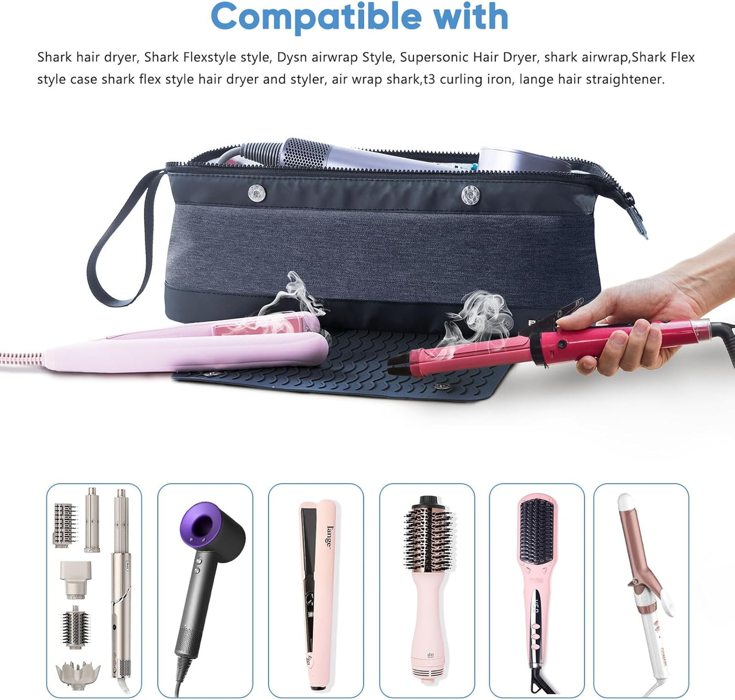 2IN1 Hair Tools Travel Bag with Heat Resistant Mat for Flat Irons, Straighteners, Curling Iron, and Haircare Accessories,Compatible with Revlon One Step Hair Dryer,Revlon Volumizer Hair Dryer Brush