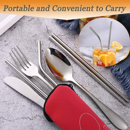 Travel Utensils with Case Reusable Silverware Portable Camping Utensils Cutlery Set 7pcs Lunch Utensil Kit Stainless Steel Flatware Set Including Knife Fork Spoon Chopsticks Straws Cleaning Brush