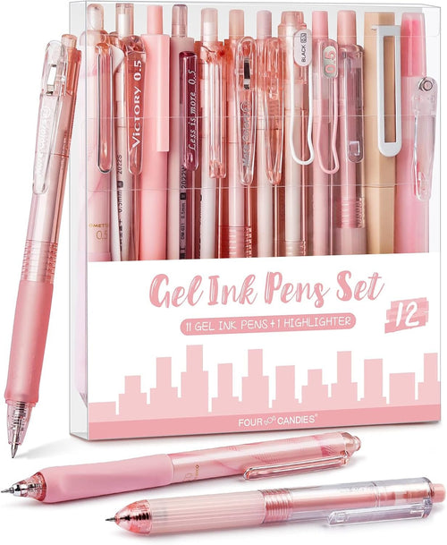 Four Candies Gel Pens, Cute Writing Pens with 0.5mm Fine Point, Black & Pink Ink Pen with Highlighter for Journaling Note Taking, Aesthetic School Office Supplies Japanese Stationery, Set of 12 - Rose