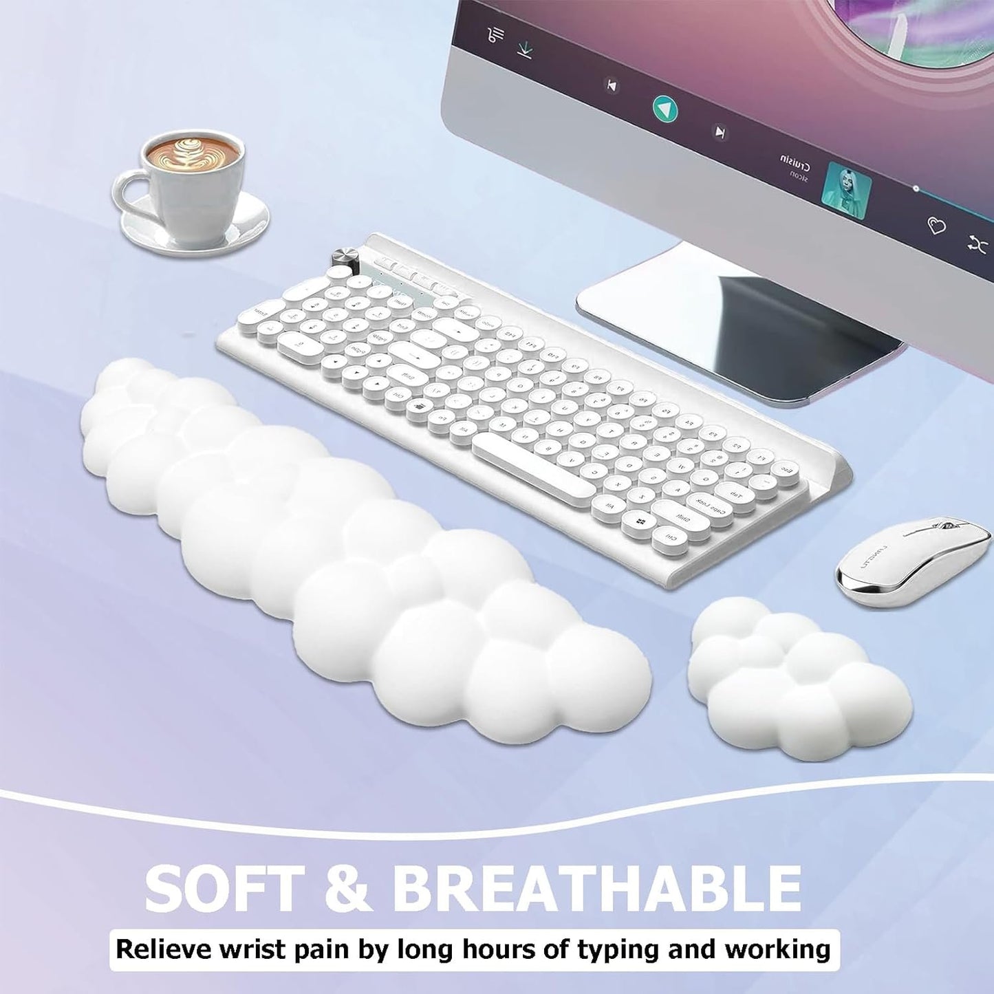 Ergonomic Keyboard Wrist Rest, PU Leather Memory Foam Cloud Wrist Rest for Computer Keyboard, Mouse Wrist Rest and Keyboard Pad for Gaming, Office, Home, Computer, Laptop, Typing Pain Relief, White