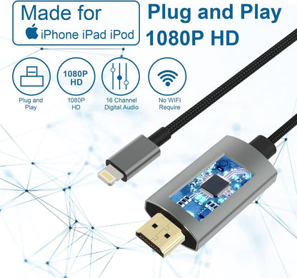 [Apple MFi Certified] Lightning to HDMI Digital AV Adapter, 6.6 FT HDTV Cable Compatible with iPhone, iPad, iPod 1080P Digital AV Sync Screen Connector on HDTV Monitor Projector-NO Need Power Supply