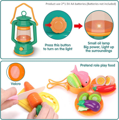 REMOKING Kids Camping Gear Set,28 PCS Camping Tool Pretend Role Play Toys with Play Tent/Campfire/Telescope/Whistle/Fruits Toys,Indoor Outdoor Game for Toddler Kids Boys Girls Age 3 4 5 6 7 8