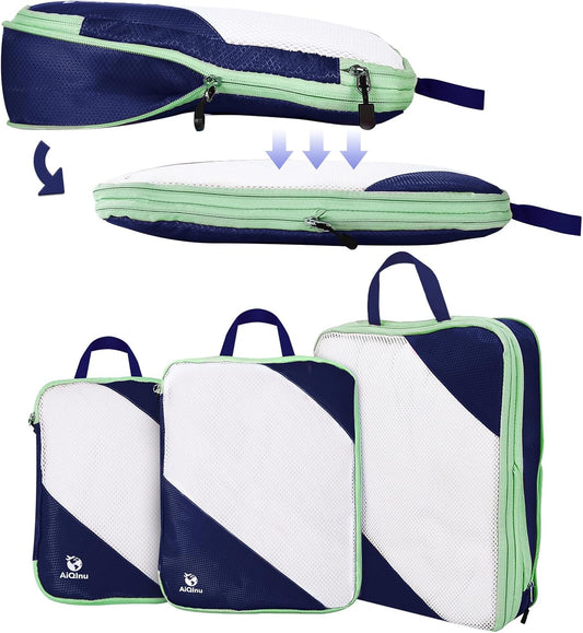 AiQInu 3 Piece Set Expandable Expandable Compression Packing Cube for Clothes, Shoes, Underwear Travel Set for Backpacks or Hand Luggage (Dark Blue)