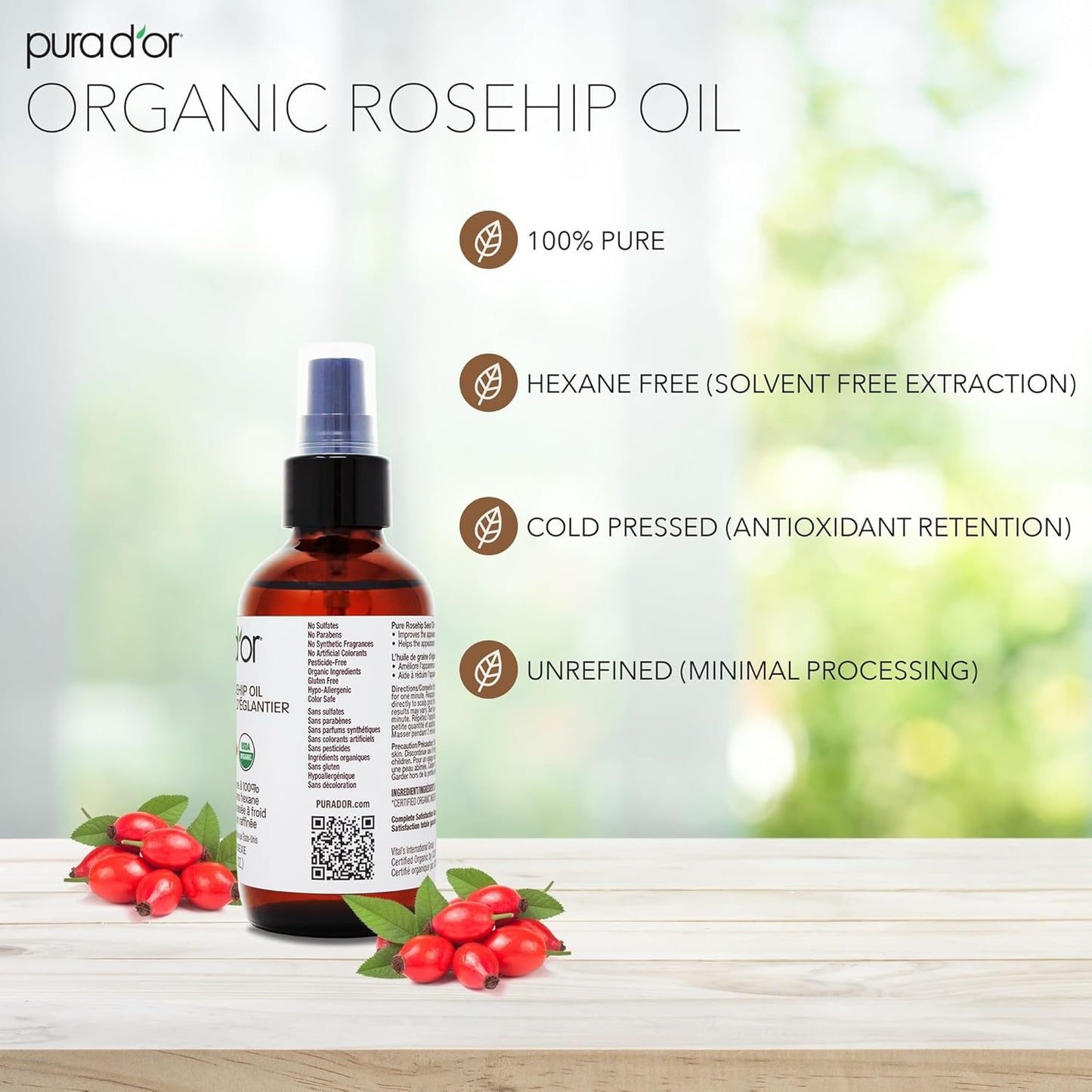 PURA D'OR ORGANIC Rosehip Seed Oil 4 Oz (118 ml) - 100% Pure Cold Pressed USDA Certified, Natural Moisturizer for Face, Hair & Skin - Suitable for Women & Men