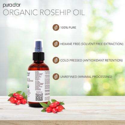 PURA D'OR ORGANIC Rosehip Seed Oil 4 Oz (118 ml) - 100% Pure Cold Pressed USDA Certified, Natural Moisturizer for Face, Hair & Skin - Suitable for Women & Men