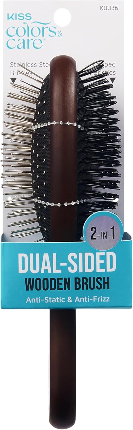 KISS Colors & Care Dual-Sided Wooden Wig Brush, Looped Bristles & Stainless Steel Bristles, Detangler Brush For Natural & Synthetic Wigs, Wooden Handle, 2-In-1 for Synthetic Hair, Brown