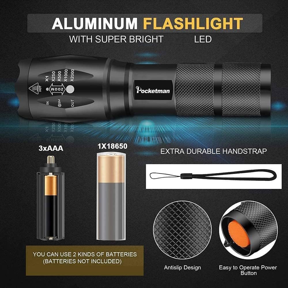 LED Tactical Flashlight, Super Bright 2000 Lumen LED Flashlights Portable Outdoor Water Resistant Torch Light Zoomable Flashlight with 5 Light Modes (1 Pack)