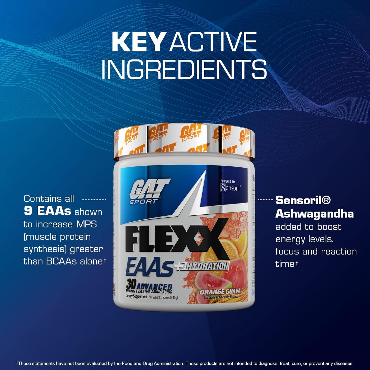 GAT Sport Flexx EAAs + Hydration, Essential Amino Acids with BCAAs, Blue Razz, 30 Servings