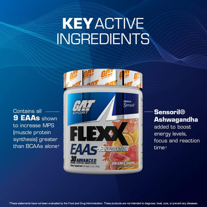 GAT Sport Flexx EAAs + Hydration, Essential Amino Acids with BCAAs, Blue Razz, 30 Servings