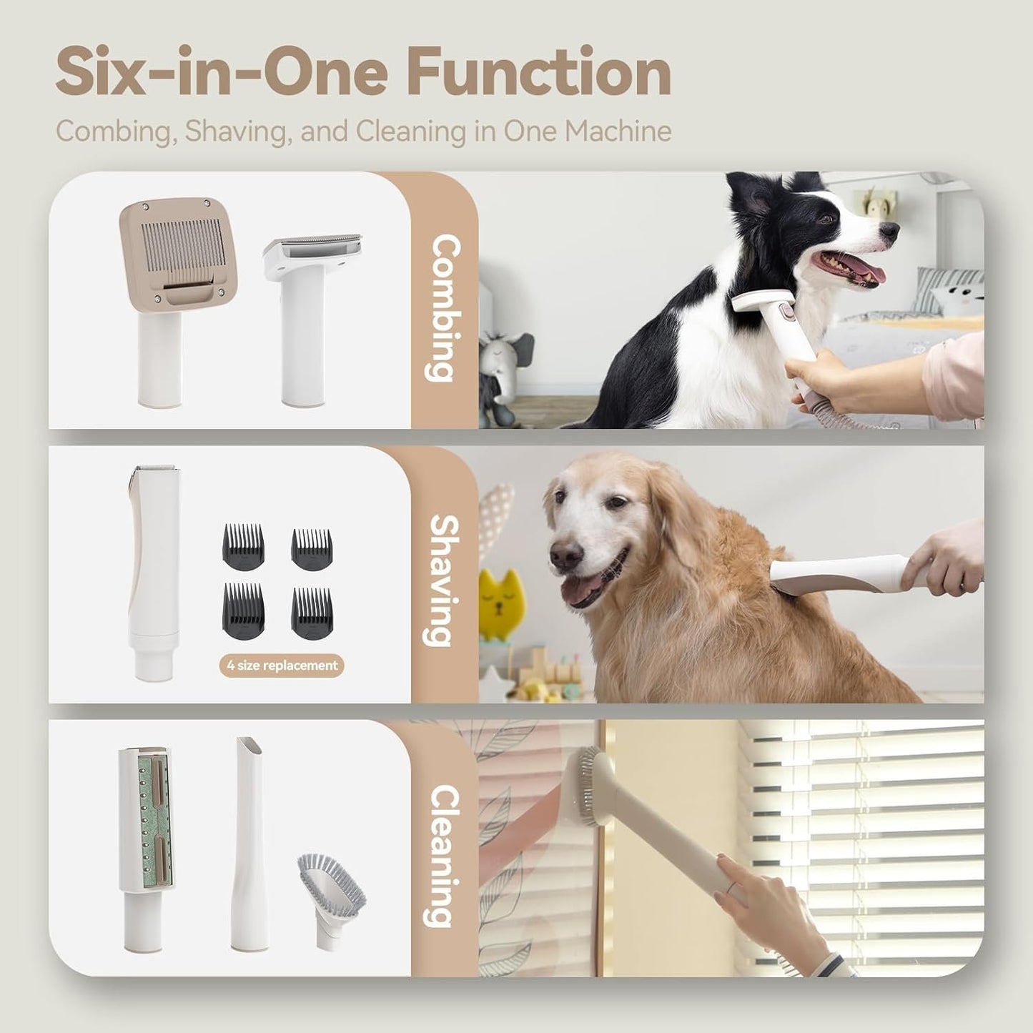 Redroad P17 Dog Grooming 400W, 6-in-1 Function, 3 Speed Settings, For Pet Grooming, Shaving, and Vacuuming, Quiet Design for Trimming Cat and Dog Hair, Vacuum Suction Removes 99% of Pet Hair