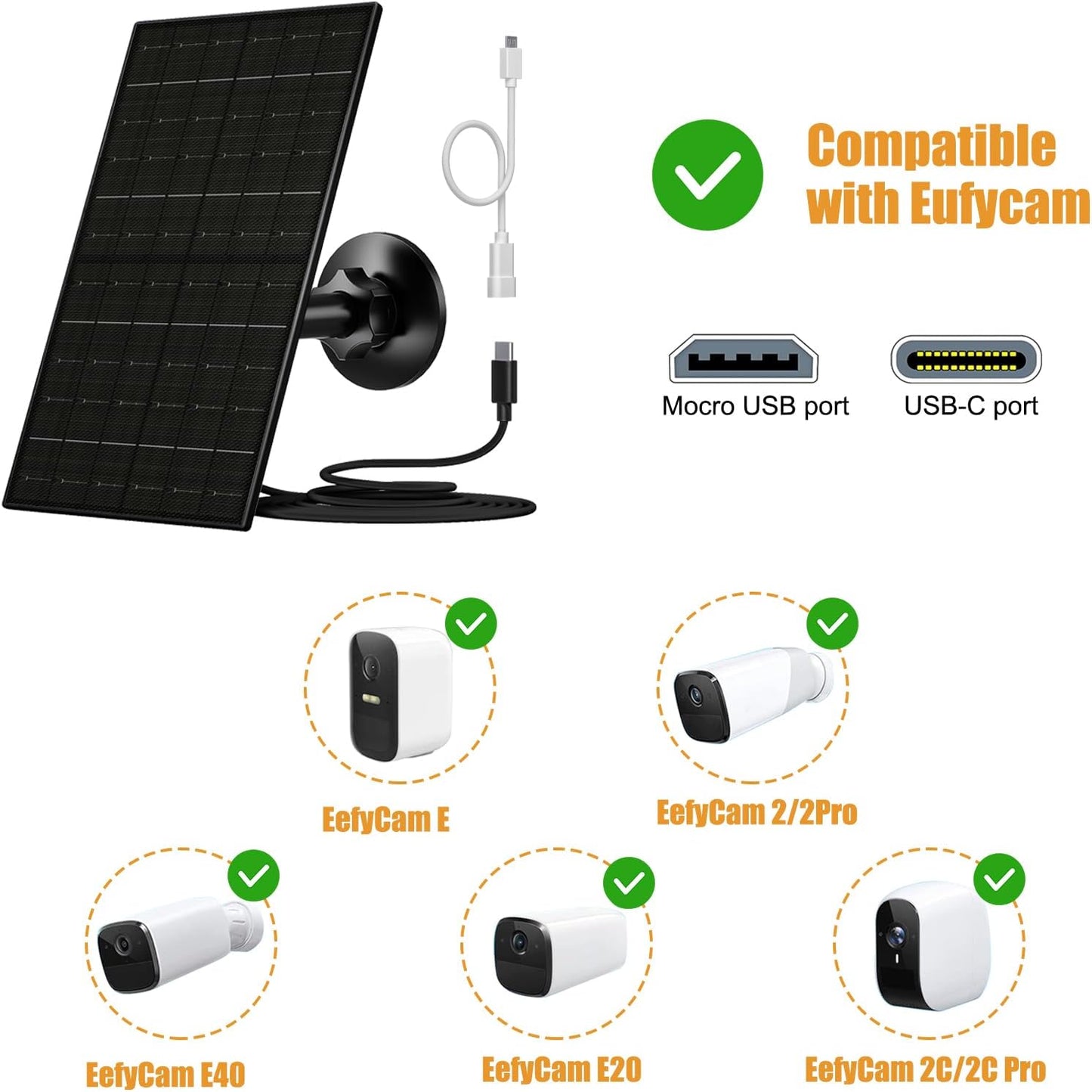Vuebee 7W Solar Panel for Security Camera, USB C Solar Panel Charger for Camera, USB Solar Panel Compatible with Eufycam & DC 5V Rechargeable Battery Camera, IP65 Waterproof, 9.8ft Charging Cable
