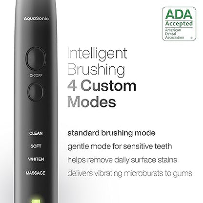 Aquasonic Black Series Ultra Whitening Toothbrush – ADA Accepted Electric Toothbrush- 8 Brush Heads & Travel Case – 40,000 VPM Electric Motor & Wireless Charging - 4 Modes w Smart Timer