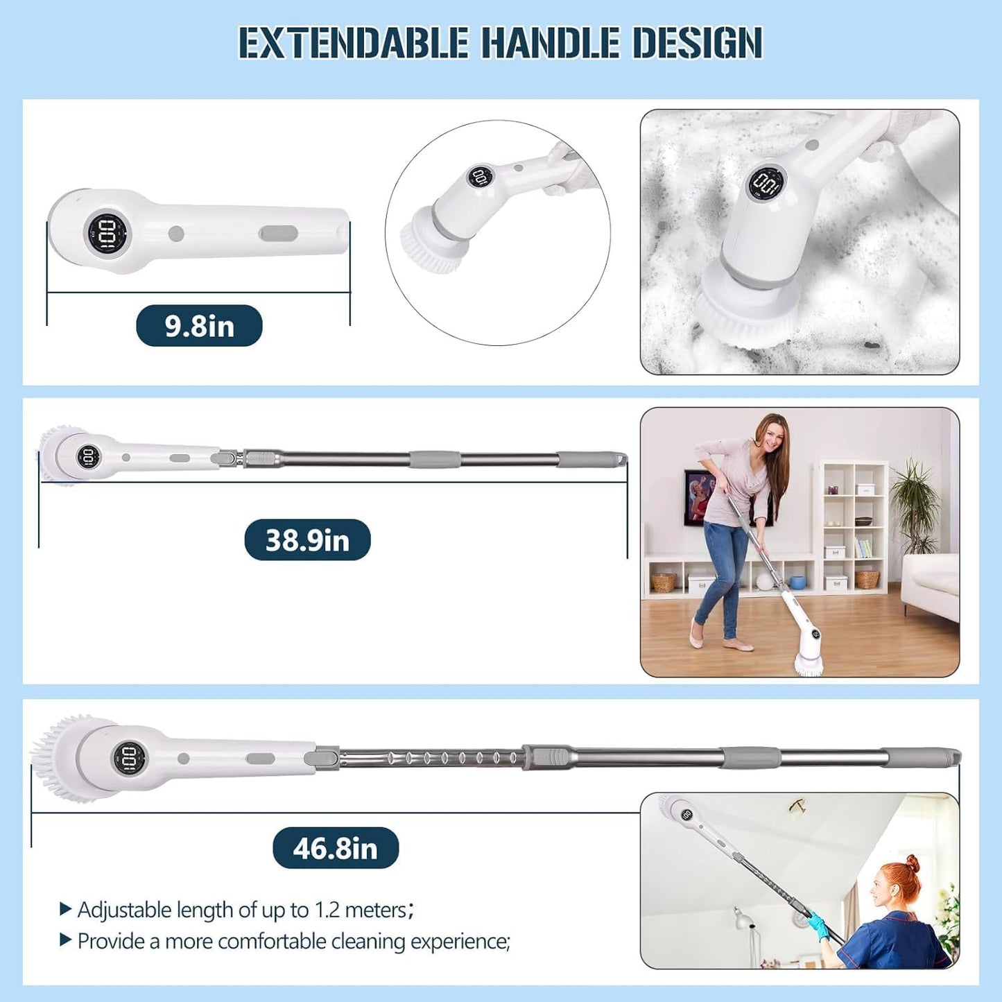 Electric Spin Scrubber, 9 in 1 Electric Cleaning Brush, Electric Cleaning Brush with Extendable Arm,Large Power with 3 Adjustable Speeds, Shower Cleaner Brush for Bathroom, Tub, Toilet, Kitchen (Grey)