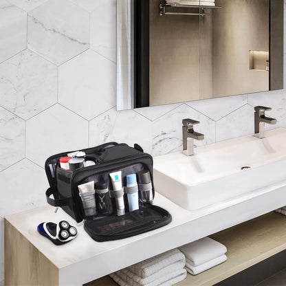 Buruis Large Toiletry Bag for Men & Women, PU Leather Travel Toiletry Organizer, Dopp Kit, Water-resistant, Black, XL, Toiletry Bag