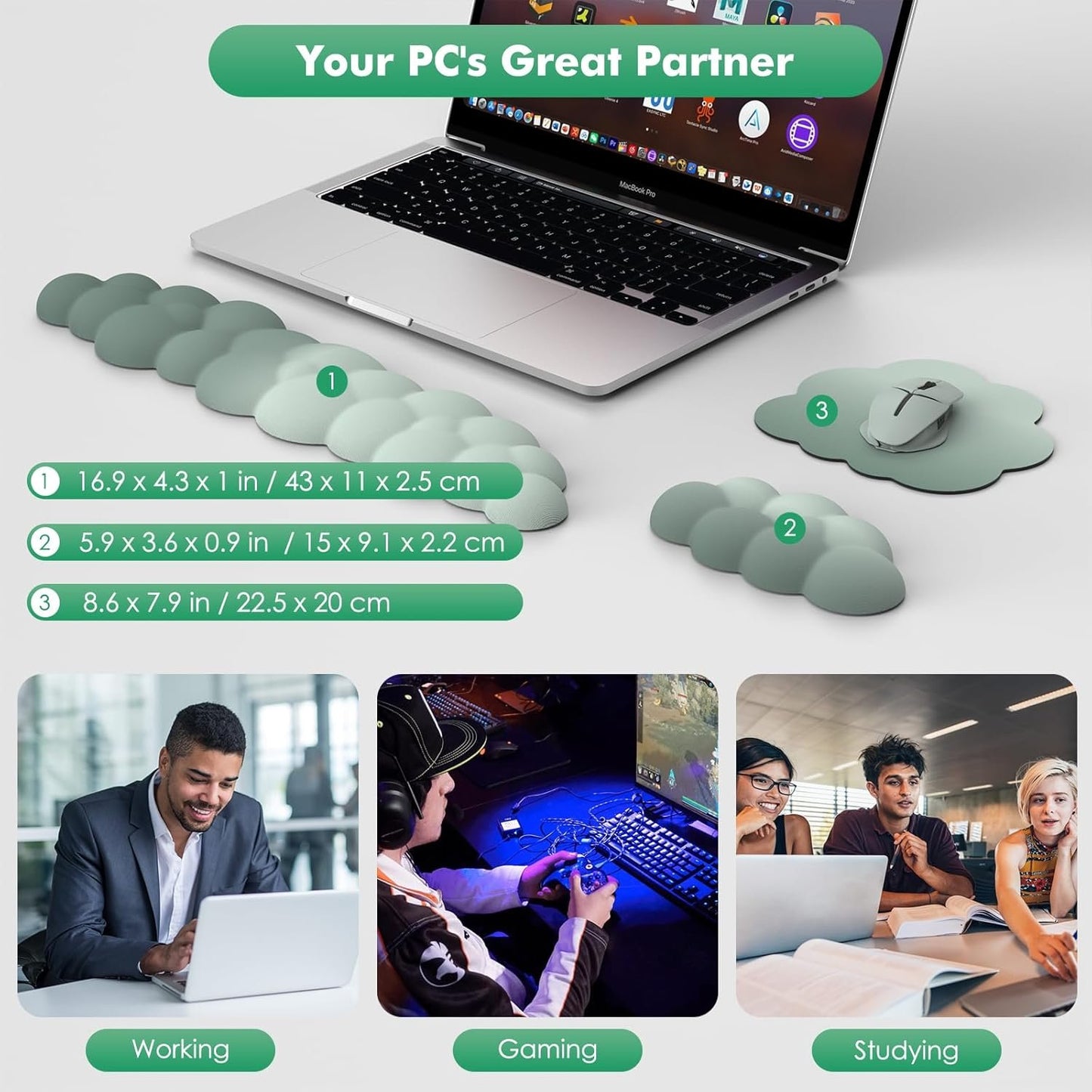 MoKo Cloud Wrist Rest, Ergonomic Cloud Keyboard Wrist Rest with Mouse Rest Wrist Pad, Durable Polyester Cloud Arm Rest Wrist Pad for Keyboard and Mouse for Office, Gaming, Computer, Laptop, Green