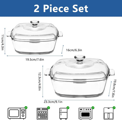 2 Set Glass Casserole Dish with Lid, Square Glass Baking Dishes for Oven Microwave, 0.8 Qt and 1 Qt Small Casserole Dish Clear Covered Casserole Cookware Bakeware for Baking Cooking