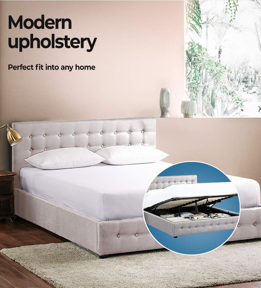 Levede Bed Frame Base with Gas Lift Storage Double Size Beige Platform Fabric