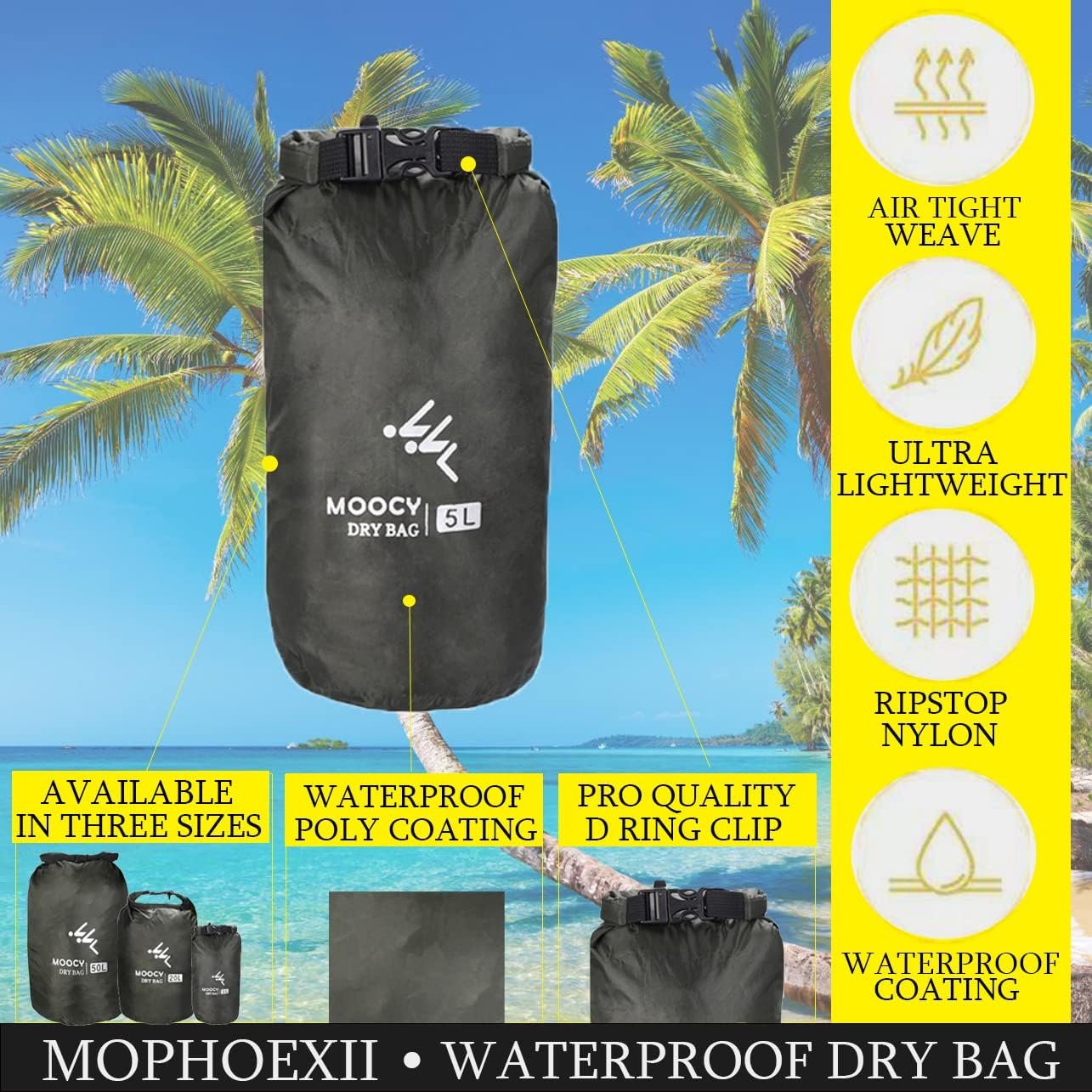 MOPHOEXII Waterproof Dry Bag,1pk or 3pk Lightweight Waterproof Storage Dry Sacks,5L, 20L and 50L Sizes Waterproof Pack Liner for Outdoor Camping Boating Hiking Rafting(Dark Green, 3 Pk - 5L, 20L,50L)