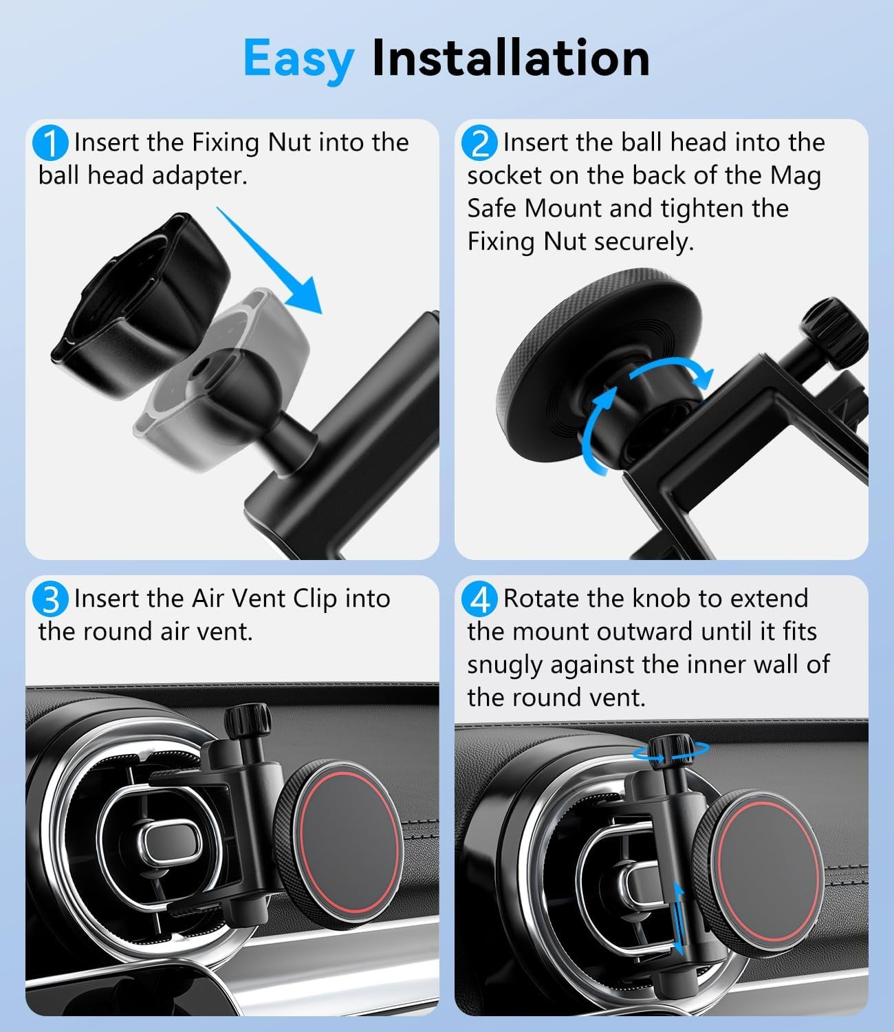 ALAFLY Compatible with Magsafe Car Mount for Mercedes Benz A/B/C/E/G/GLA/GLK/Mini Cooper Round Air Vent, Strong Magnetic Phone Holder for iPhone 16 15 14 13 12 Pro Max Plus Mini