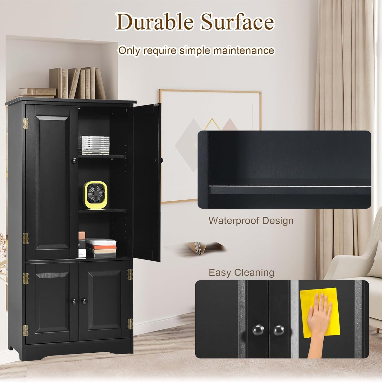 KOMFOTTEU Tall Wooden Wardrobe, Vertical Wardrobe with Adjustable Shelves, Sideboard Organizer with Anti-tipping Device, Furniture for Bedroom, Bathroom, Living Room, 58.5 x 32 x 123 cm (Black)