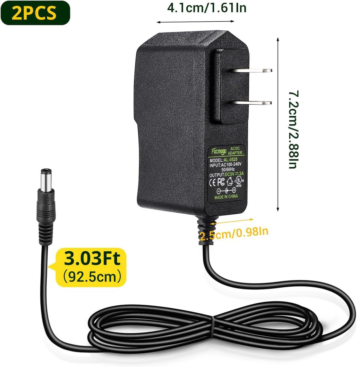 Facmogu 2 Pack DC 5V 2A Power Adapter, AC 100-240V to DC 5V 2A 10W Power Supply Transformers, 5.5 x 2.5mm Jack Also Compatible with 5.5x2.1mm Socket