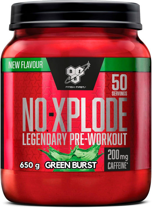 BSN Nutrition N.O.-Xplode Pre-Workout Powder Food Supplement, Support for Energy and Concentration with Caffeine, Amino Acids, Vitamin C and Zinc, Green Burst Flavour, 50 Servings, 650 g