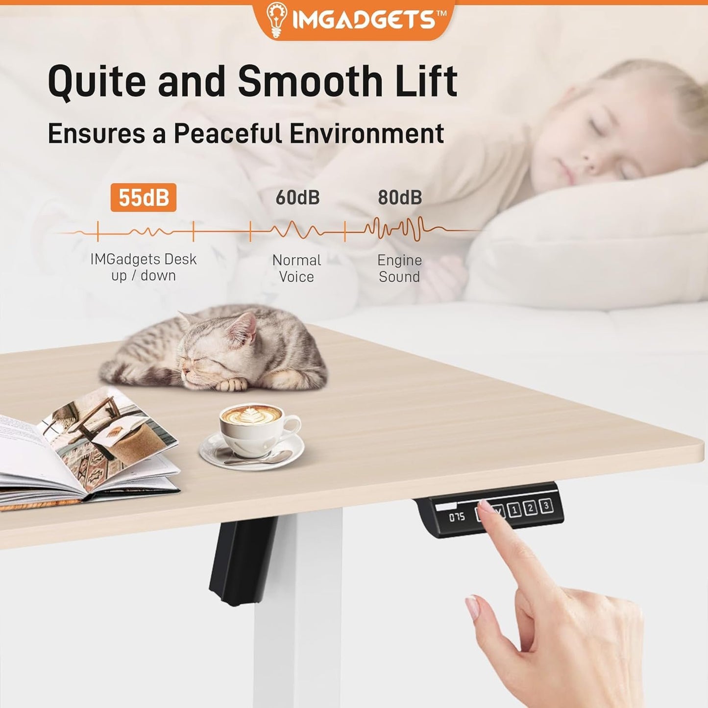 IMGadgets 47 x 24 Inches Height Adjustable Electric Standing Desk 2024, 5th Gen Quieter Motor Ergonomic Sit Stand Up Home Office Computer Desk with Height Memory Buttons, Display, 2 Headphone Holders