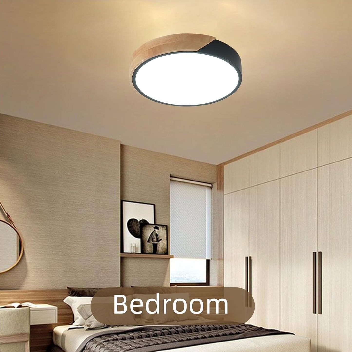 ZAITINZ LED Ceiling Lights,Black Modern Flush Mount Lighting Fixture,Round Shaped Wood Ceiling Lighting,24W,6500K Cool White,Ã˜30cm