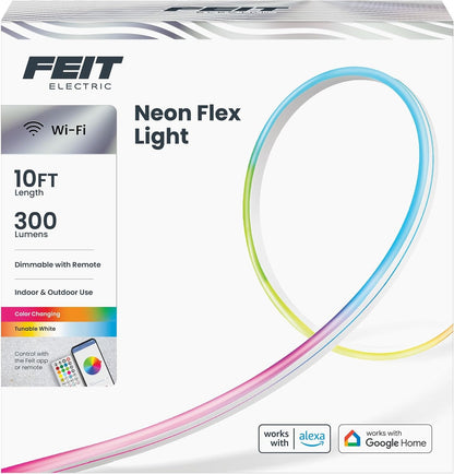 Feit Electric Smart LED Neon Flex Strip Lights, 10FT, Bendable, RGBW Color Chasing, Dimmable, 2.4Ghz WiFi Enabled, Compatible with Alexa and Google Home Asst, Music Sync, Remote App, NF10/CHASE/WP/AG