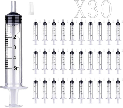 30PCS 5ml Syringe with caps no needle individually sealed for Scientific Labs, Measuring Liquids, Feeding Pets,Watering, Refilling,Oil or Glue Applicator