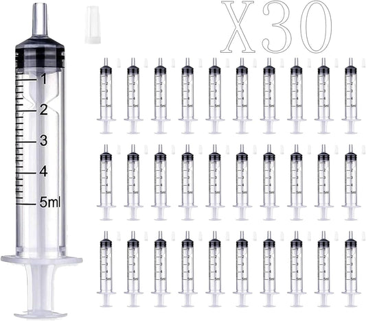30PCS 5ml Syringe with caps no needle individually sealed for Scientific Labs, Measuring Liquids, Feeding Pets,Watering, Refilling,Oil or Glue Applicator