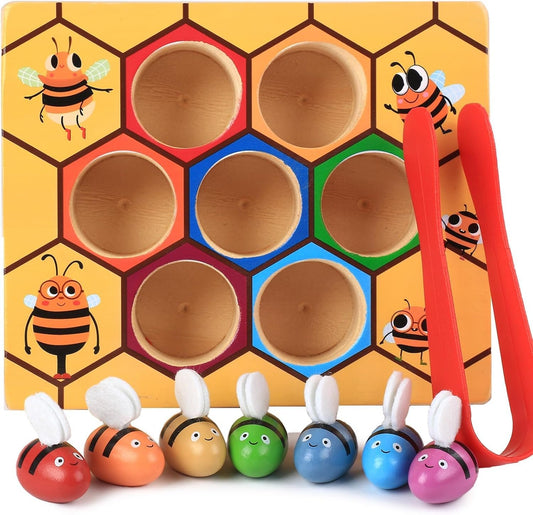 YUNCHY Toddler Fine Motor Skill Toy, Bee to Hive Matching Game, Montessori Wooden Color Sorting Matching Toy, Preschool Educational Learning for Toddler 2 3 Years Old